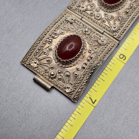 Antique 900 Silver Cannetille Carnelian Cabochon Hinged Panel Bracelet 7" - Picture 13 of 16